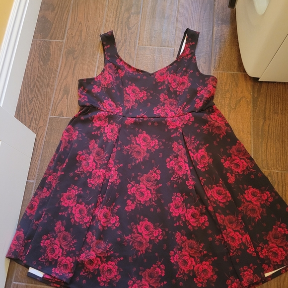 Black & Red Floral Scuba Skater Dress w/ Hidden Front Pockets, Sweetheart Neck - Picture 14 of 15